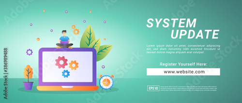 System update information banner, update system version and increase device security. Banners for promotional media