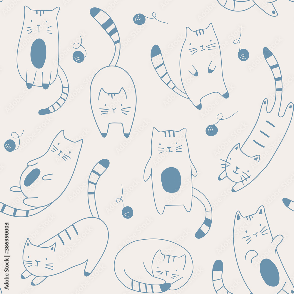 Naklejka premium Vector seamless pattern with cartoon kitten. Hand draw cute cats in sketch style. Doodle style. For textiles, clothing, bed linen, office supplies.