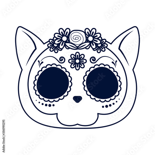 traditional mexican cat skull head line style icon