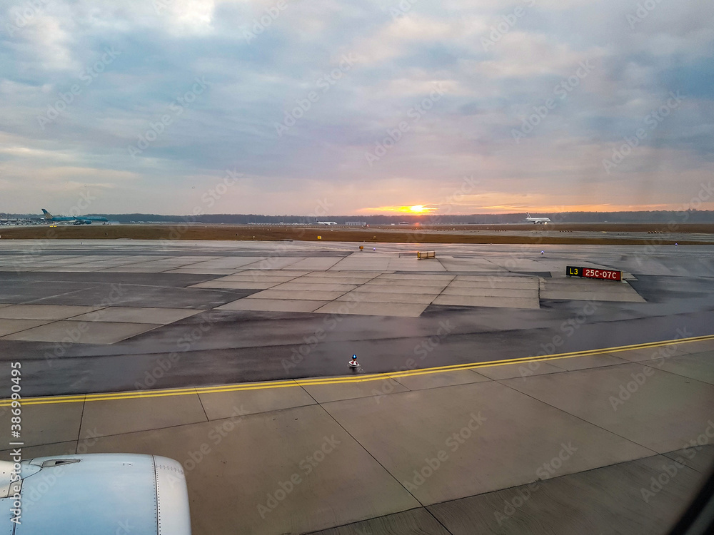 Sunrise over the apron before departure from the airport