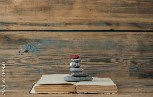 Photography books and stack of zen stones on wood table background