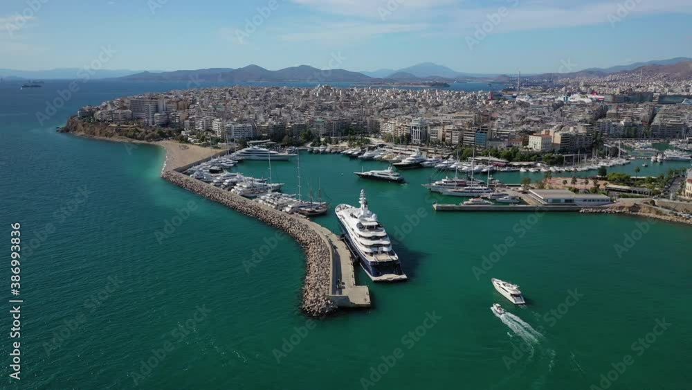 Aerial drone video of famous round port of Zea or Passalimani in the heart of Piraeus, Attica, Greece Aerial drone video of famous round port of Zea or Passalimani in the heart of Piraeus, Attica, Greece