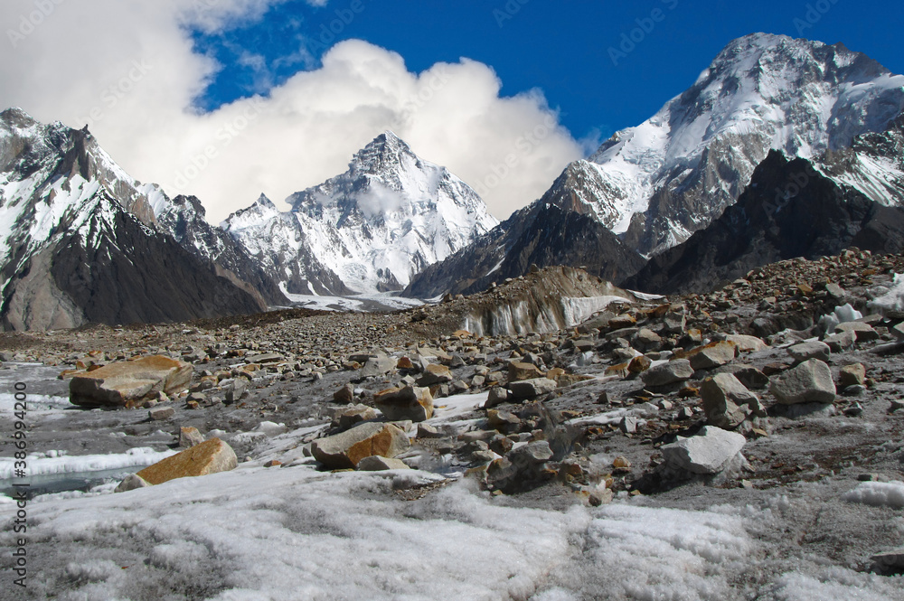 Snow covered K2 and Angel peak in the Karakoram range 