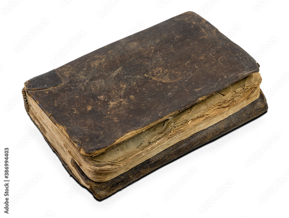 Old book perspective view, isolated on white background. Weathered leather book cover. Old book perspective view, isolated on white background. Weathered leather book cover.