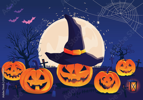 Halloween Fullmoon Banner, Witch, Haunted House, pumpkins patch, and Bats.Happy Halloween purple banner trick or treat with a full moon Vector illustration Flat design