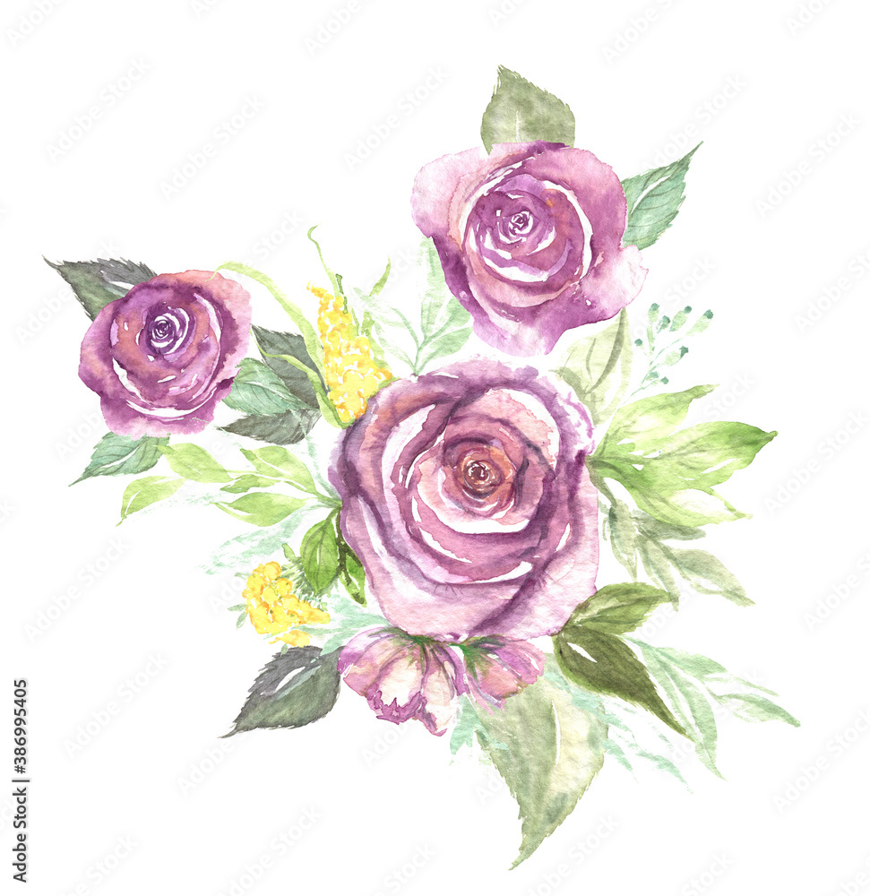 Watercolour painted bouquet of roses with leaves. Big flowers wedding card template. Watercolour painted bouquet of roses with leaves. Big flowers wedding card template.