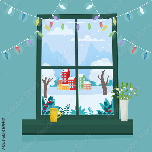 Christmas window with winter landscape. Banner, poster or greeting card template. Vector illustration in flat style