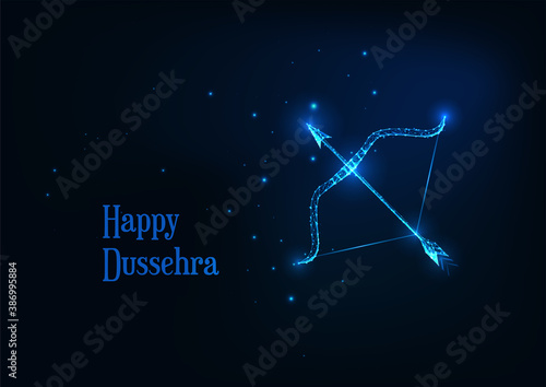 Futuristic Happy Dussehra banner with glowing low polygonal on arroe and bow dark blue background.