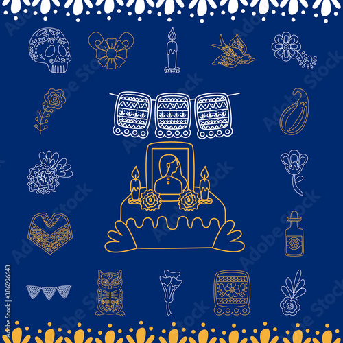 mexican altar of day of the dead with bundle of set line style icons