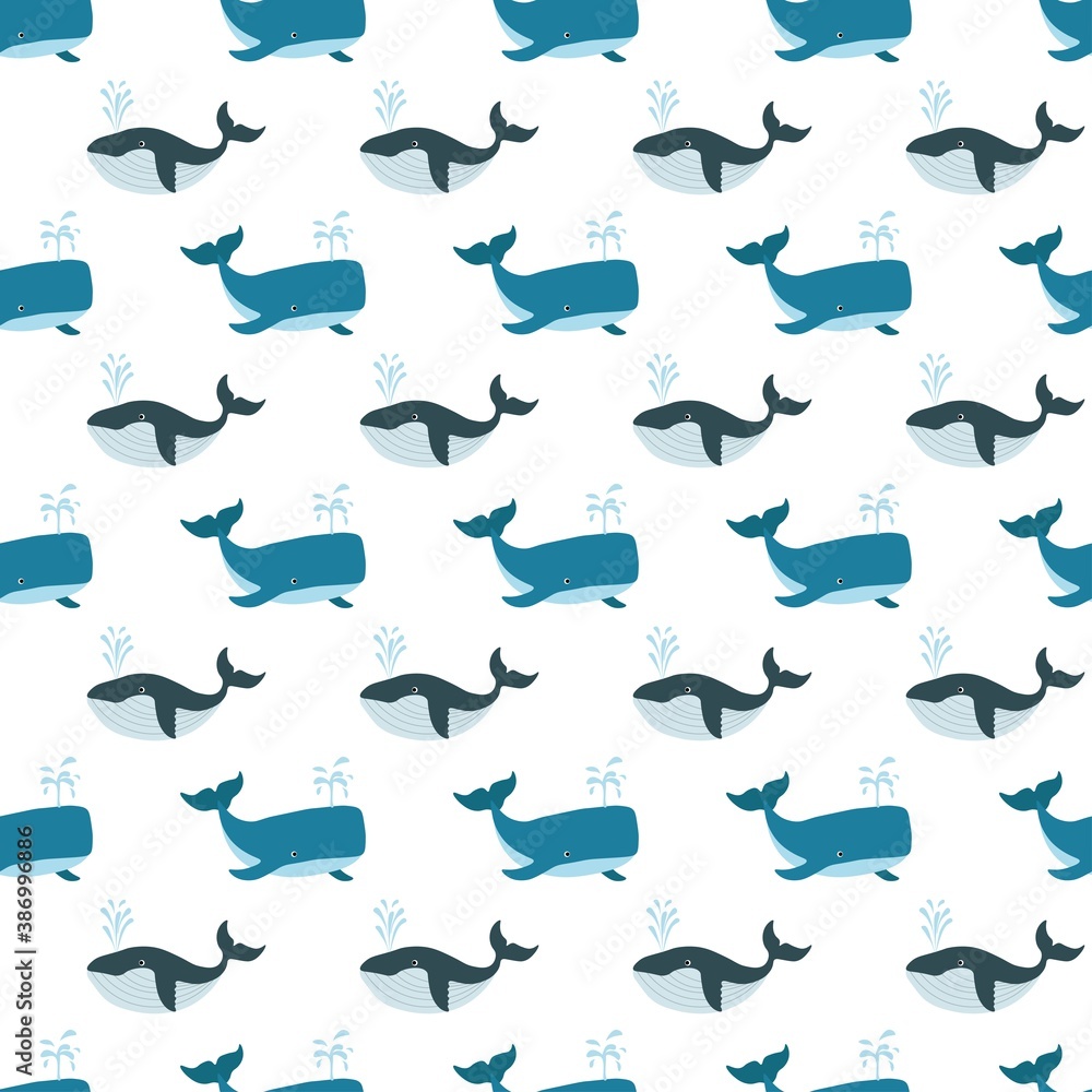 Cute seamless pattern with sperm whale and whale on a white background. Sea animals in a flat style. Cartoon wildlife for web pages.
Stock vector illustration for decor, design, textiles,
wallpaper