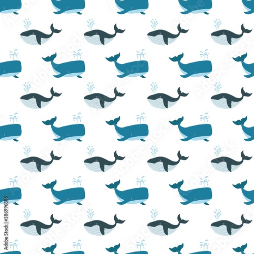 Cute seamless pattern with sperm whale and whale on a white background. Sea animals in a flat style. Cartoon wildlife for web pages. Stock vector illustration for decor, design, textiles, wallpaper