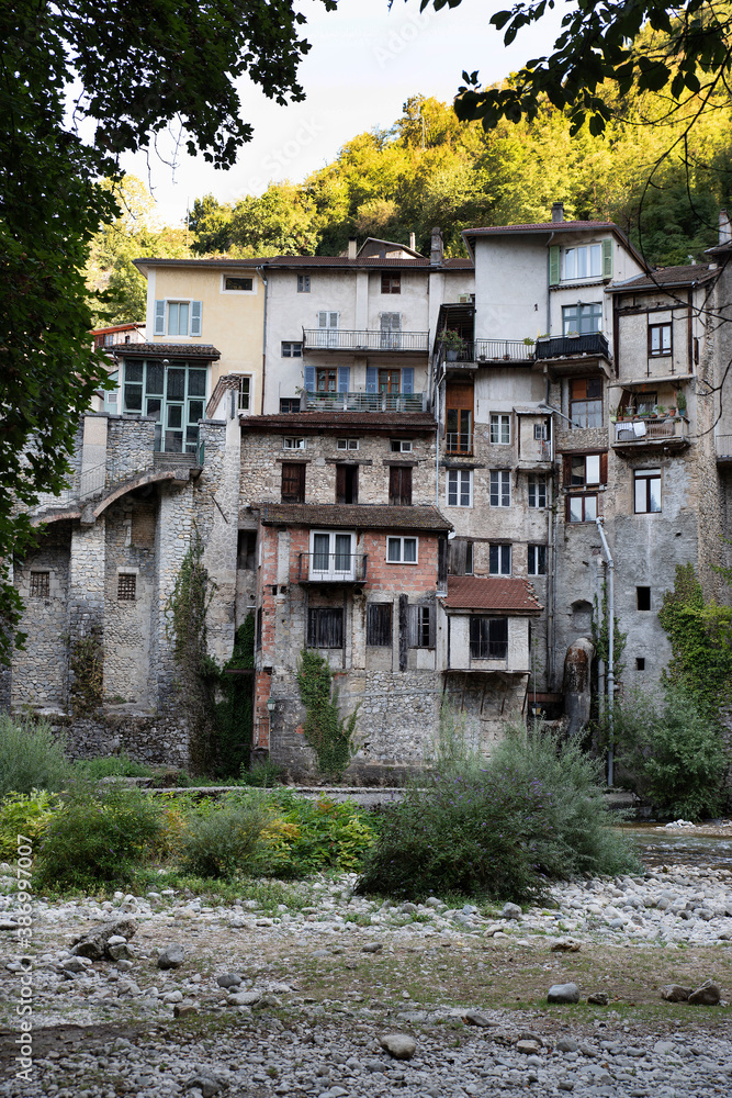 Hanging houses in the village of Pont en Royan in Isère in France