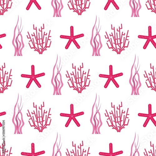 Cute seamless pattern with starfish, sea corals and seaweed on a white background. Sea animals in a flat style. Cartoon wildlife for web pages.
Stock vector illustration for decor, design, textiles