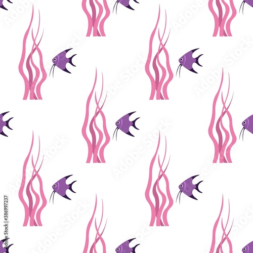 Cute seamless pattern with Moorish idol and lilac seaweed on a white background. Sea animals in a flat style. Cartoon wildlife for web pages.
Stock vector illustration for decor, design, textiles