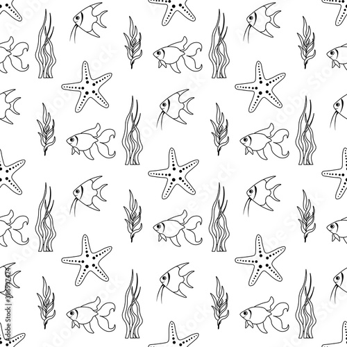 Cute seamless pattern with starfish, seaweed, Moorish idol, outline goldfish on a white background. Sea animals in a flat style. Cartoon wildlife for web pages.
Stock vector illustration for decor