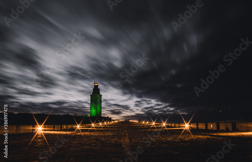 Hercules tower from a Coruña, Spain, at night 