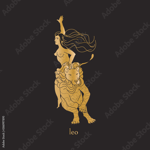 Leo zodiac sign. Girl riding the lion. Isolated astrological symbol in flat style with golden gradient. Vector illustration for label, logotype, clipart, print, web