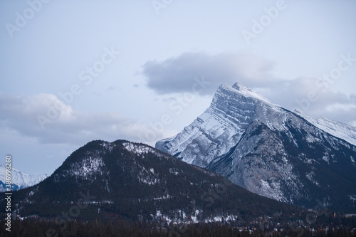 winter mountainous view of snow covered peaks of the Rocky Mountains from the Trans Canada Highway near Banff, Alberta 