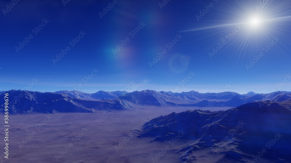 Sci-fi magical landscape with rock valey, star and sun. Digital painting illustration 3d render