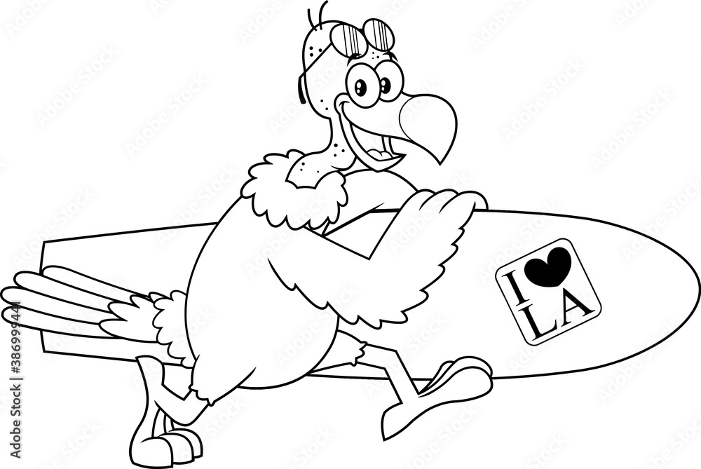 Fototapeta premium Black And White Vulture Bird Cute Cartoon Character Running With A Surfboard. Vector Illustration Isolated On White Background