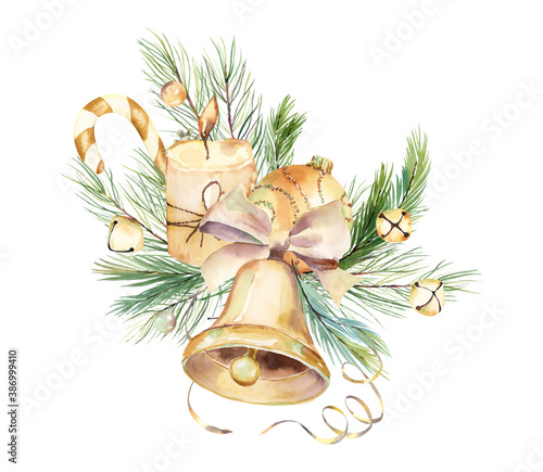 Watercolor Christmas Golden bell Gold Cristmas decor for holiday, New year clipart. greetong card, merry christmas celebration photo