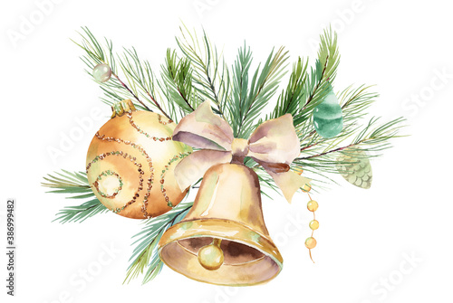 Watercolor Christmas Golden bell Gold Cristmas decor for holiday, New year clipart. greetong card, merry christmas celebration