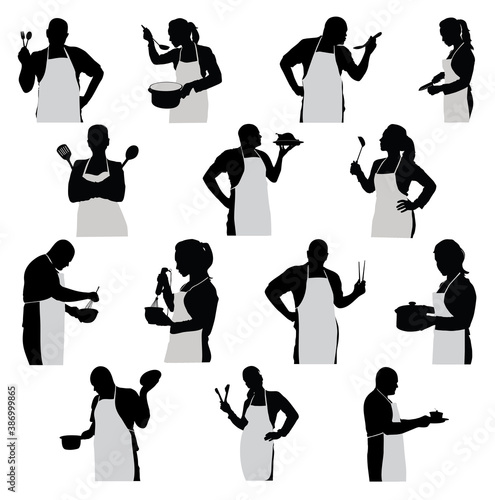  silhouettes chef man and woman vector