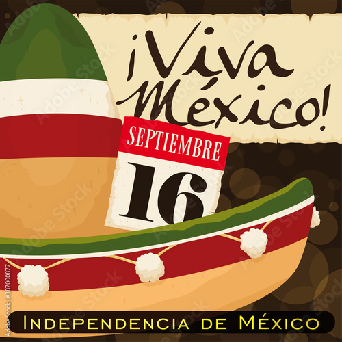 Mexican Hat, Sign and Calendar to Commemorate Mexico's Independence Day, Vector Illustration
