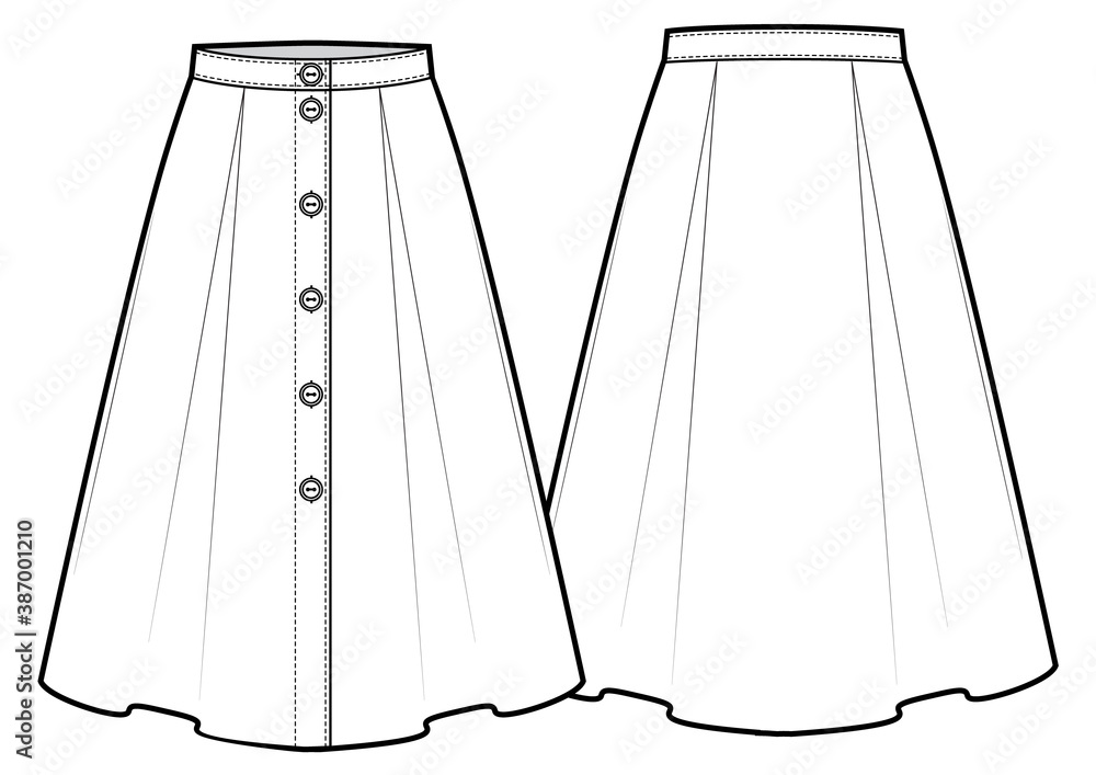 Fashion technical drawing of midi skirt with buttons on front. Stock ...