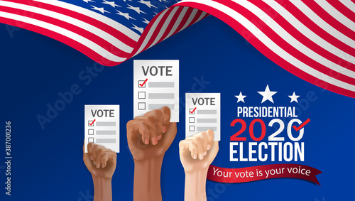 US 2020 Senate Elections, finished voting ballot against blurred American flag background. Electoral ballotr with a red check mark. Template for US elections.