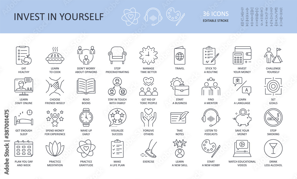 Invest in yourself vector icons. Editable stroke. Eat healthy cook don't worry stop procrastinating manage time travel challenge experience get enough sleep Wake up early success forgive notes podcast Invest in yourself vector icons. Editable stroke. Eat healthy cook don't worry stop procrastinating manage time travel challenge experience get enough sleep Wake up early success forgive notes podcast