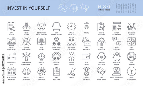 Invest in yourself vector icons. Editable stroke. Eat healthy cook don't worry stop procrastinating manage time travel challenge experience get enough sleep Wake up early success forgive notes podcast