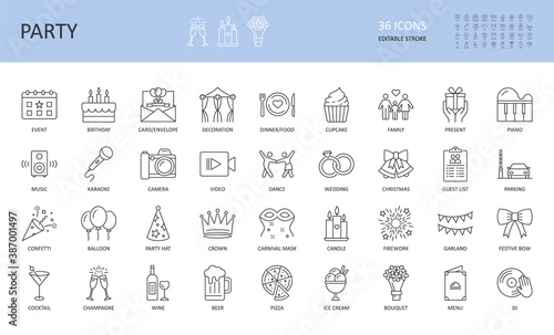 Vector party event icons. Editable stroke. Birthday dinner music confetti karaoke champagne balloon cocktail gift Wine cake bouquet decoration hat mask firework wedding piano dance star family garland