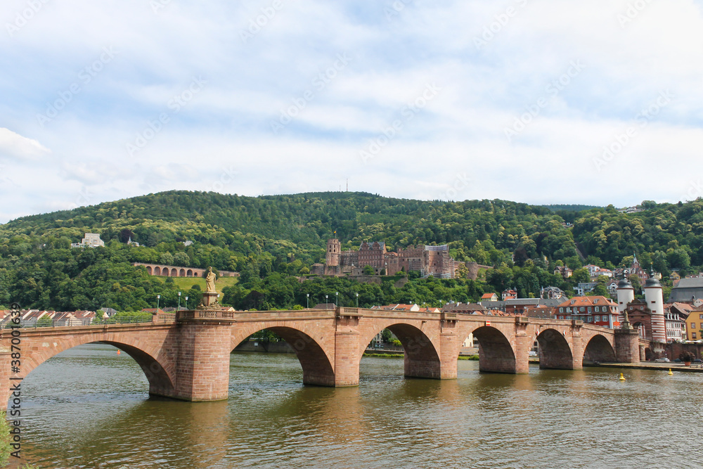 Heidelberg view of Karl-Theodor Old Bridge on Neckar river and Old Bridge Gate.Germany.