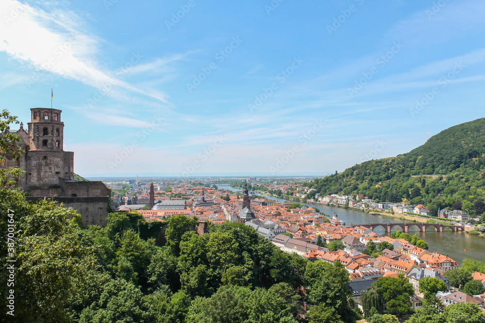 Heidelberg, Germany, aerial view of the medieval city, the famous castle, and the old bridges on Neckar river .