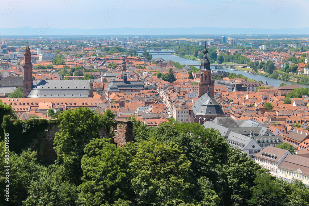 Heidelberg, Germany, aerial view on sunny day, with the church of the holy spirit , Neckar river and the Medieval Town.