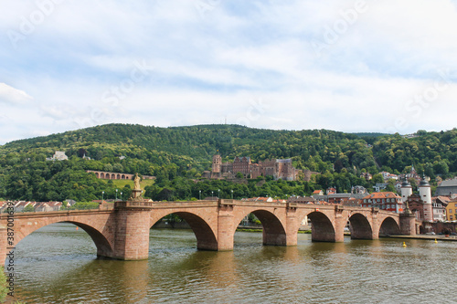 Heidelberg view of Karl-Theodor Old Bridge on Neckar river and Old Bridge Gate.Germany.