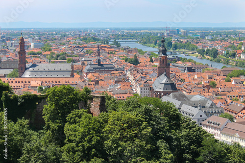 Heidelberg, Germany, aerial view on sunny day, with the church of the holy spirit , Neckar river and the Medieval Town.