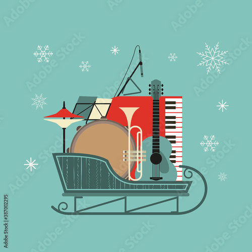 Musical instruments in Christmas sleigh flat icon