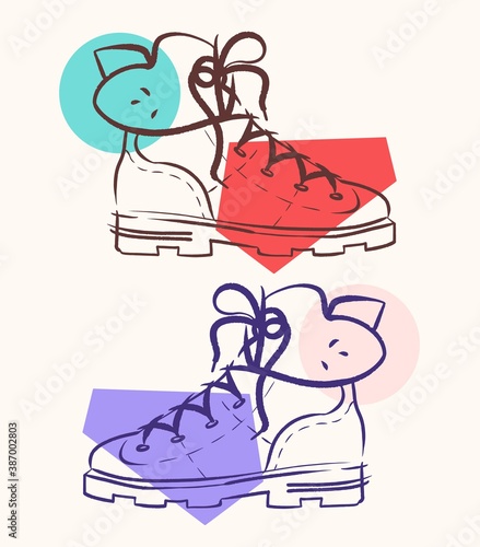 Autumn boot linear drawing in a minimalistic, fast manner with an applique of colored geometric shapes, an option for right and left boots in 2 color schemes