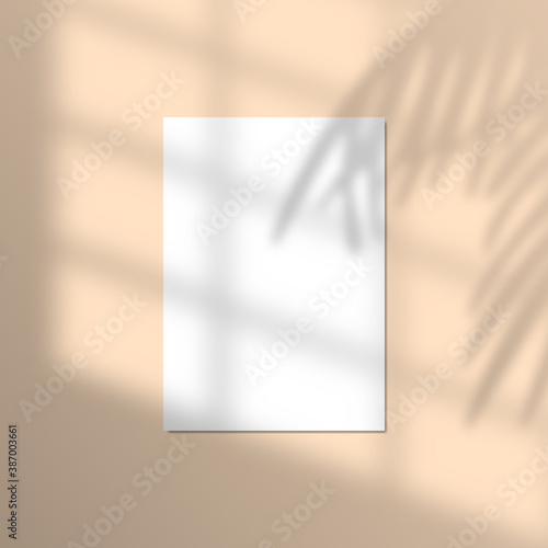 Vector illustration of a4 paper mockup with realistic tropical shadow overlay effect. Blurred transparent soft light shadow from window and palm leaves with paper sheet for product presentation