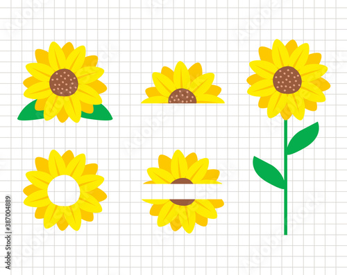 Sunflower vector collection. Half sunflower design. Flower decor. Flat illustration. Layered cutting files. 
Suitable for cutting software. Cricut, Silhouette