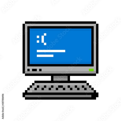 Pixel art 8-bit business computer pc with OS critical error message on blue screen - editable isolated vector illustration