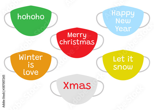 Protective personal face masks with winter Christmas holiday lettering. Masks with text to protect face for Christmas, New Year. Vector illustration