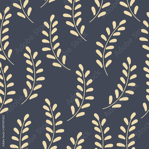 Seamless pattern with abstract flowers and gold-colored leaves on a blue background. The pattern can be used for wrapping paper  Wallpaper  or greeting cards. vector texture with leaves