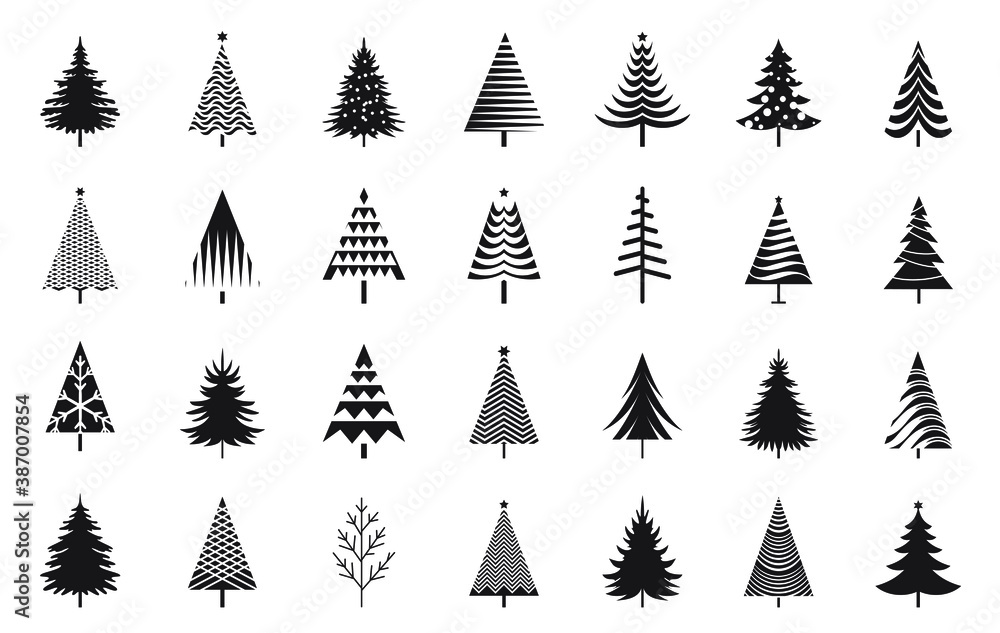 A set of black isolated Christmas Trees. Vector illustration and Icon.