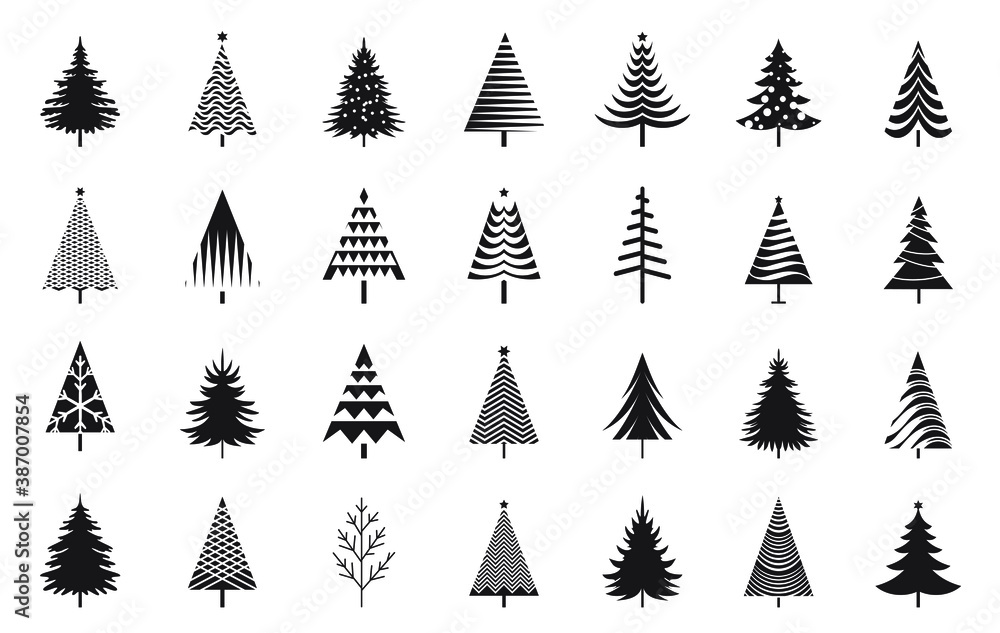 Obraz premium A set of black isolated Christmas Trees. Vector illustration and Icon.