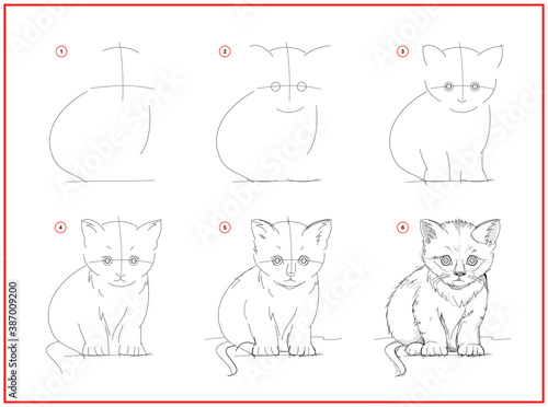 Page shows how to learn to draw sketch of cute little kitten. Creation step by step pencil drawing. Educational page for artists. Textbook for developing artistic skills. Online education.