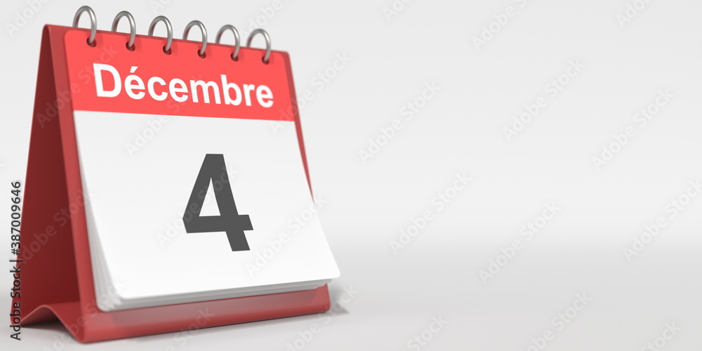 December 4 date written in French on the flip calendar page, 3d rendering December 4 date written in French on the flip calendar page, 3d rendering