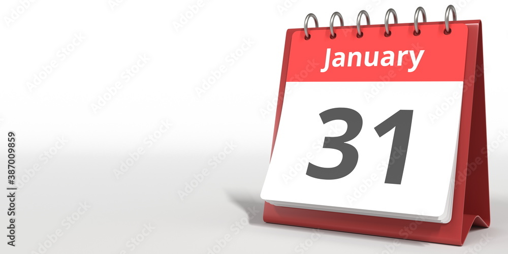 January 31 date on the flip calendar page, 3d rendering January 31 date on the flip calendar page, 3d rendering